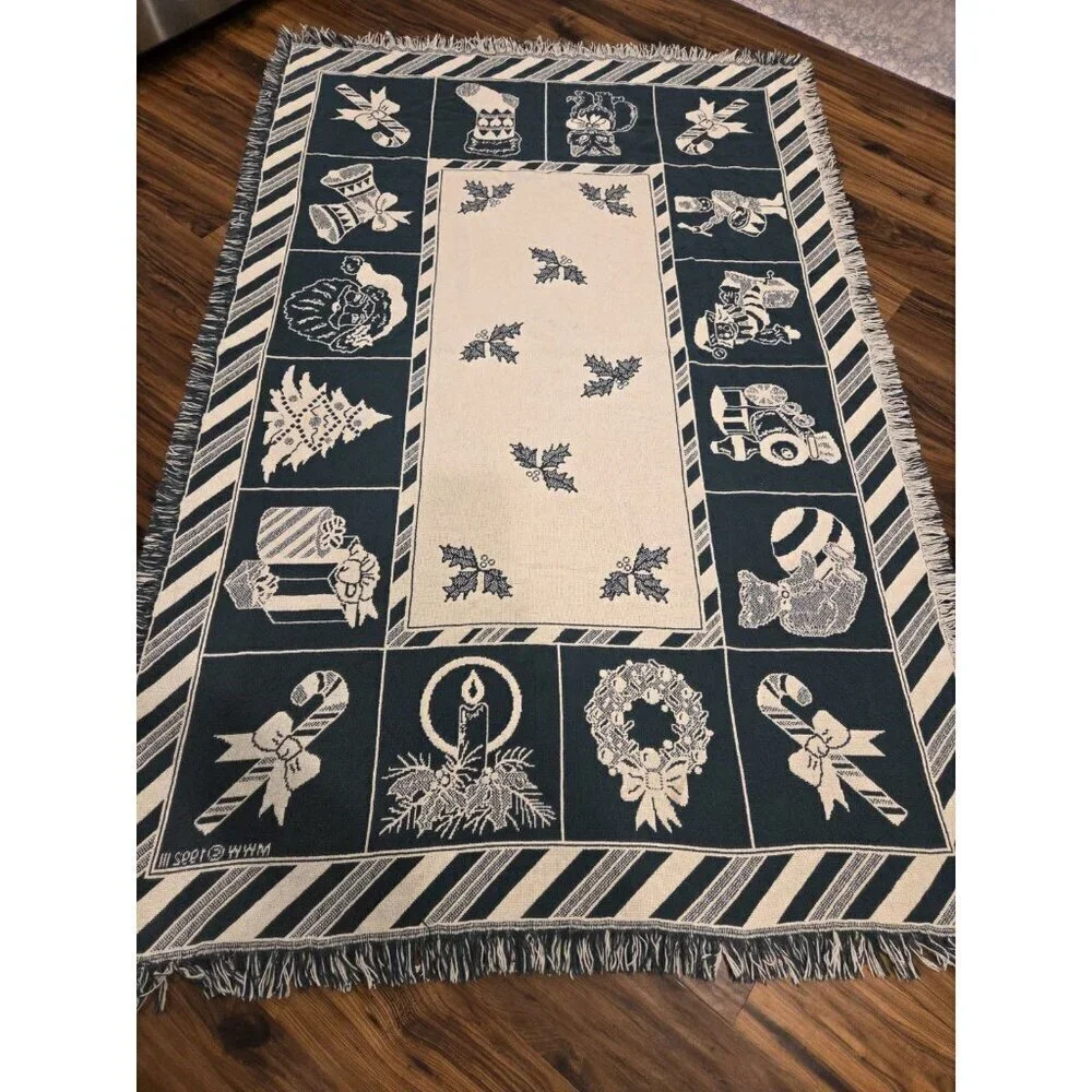 Vtg Christmas Woven Tapestry Throw Blanket With Fringes Reversible 47x71